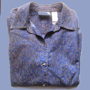 Lizwear Denim Look Blue Long Sleeve Button Down Shirt Burnout Print